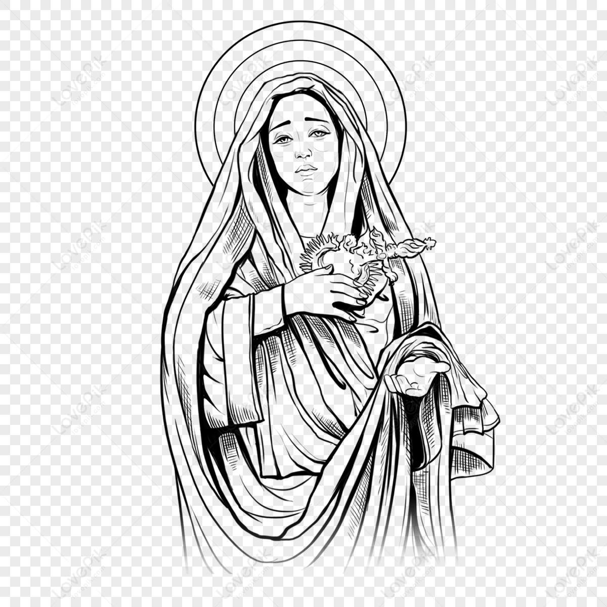 Sketch Black And White Virgin Mary Christian Catholic European ...