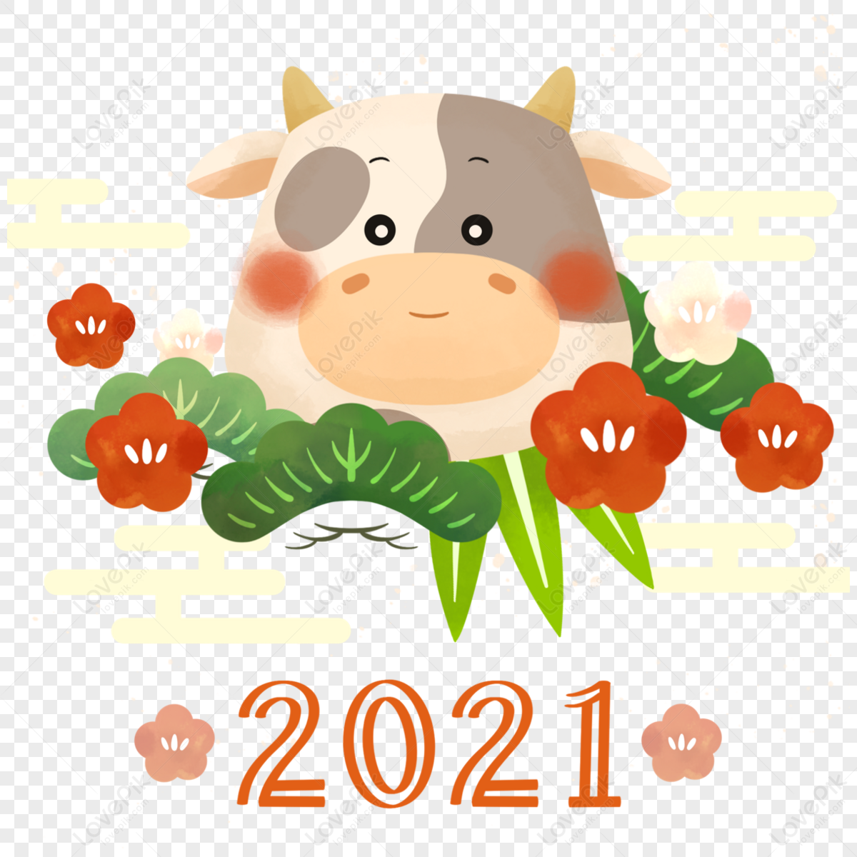 Cute Style 2021 Japanese Year Of The Ox,pine,cartoon PNG Transparent ...