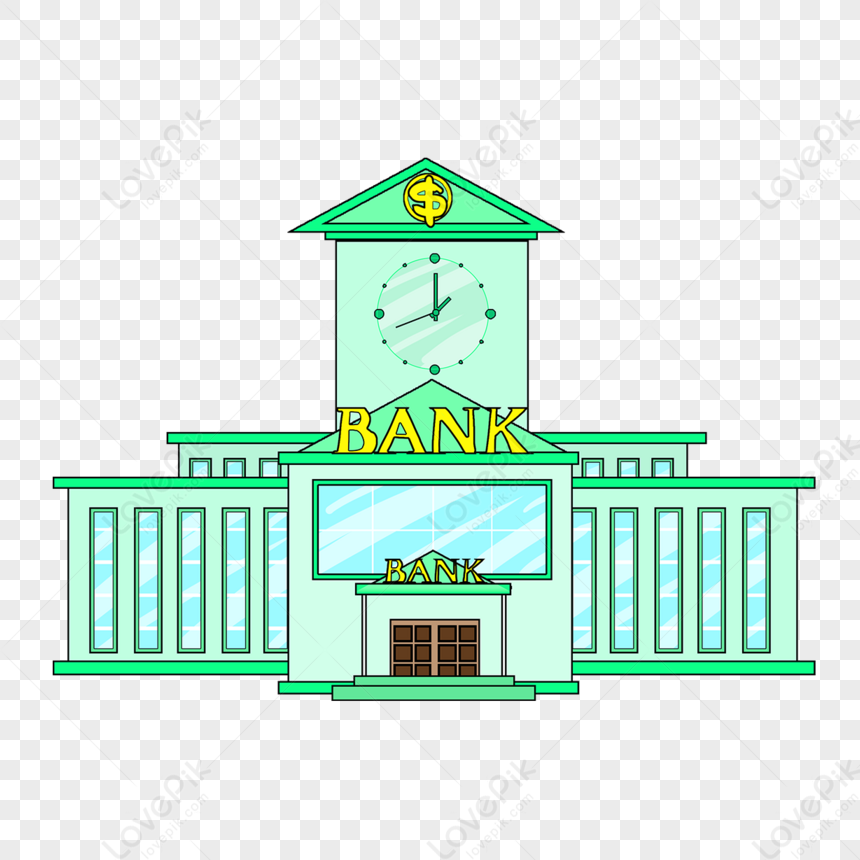 Bank Clip Art Cartoon Style Grass Green Tall Building Light Blue Window ...