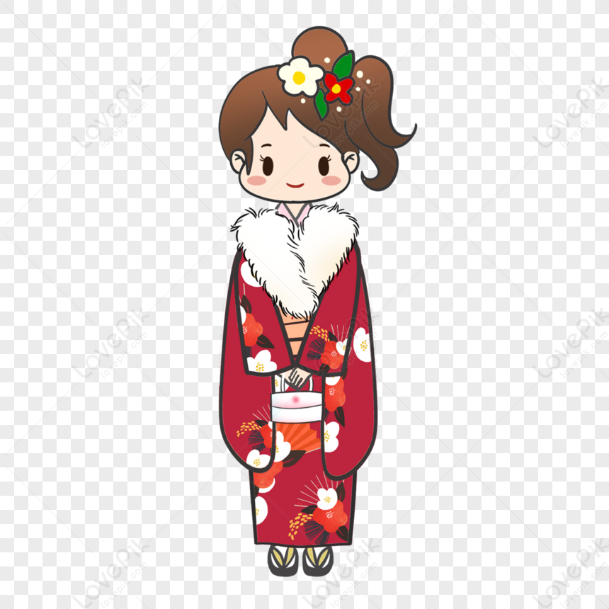 Cartoon Japanese Girl In Pretty Red Kimono,long-distance Run,cartoon ...