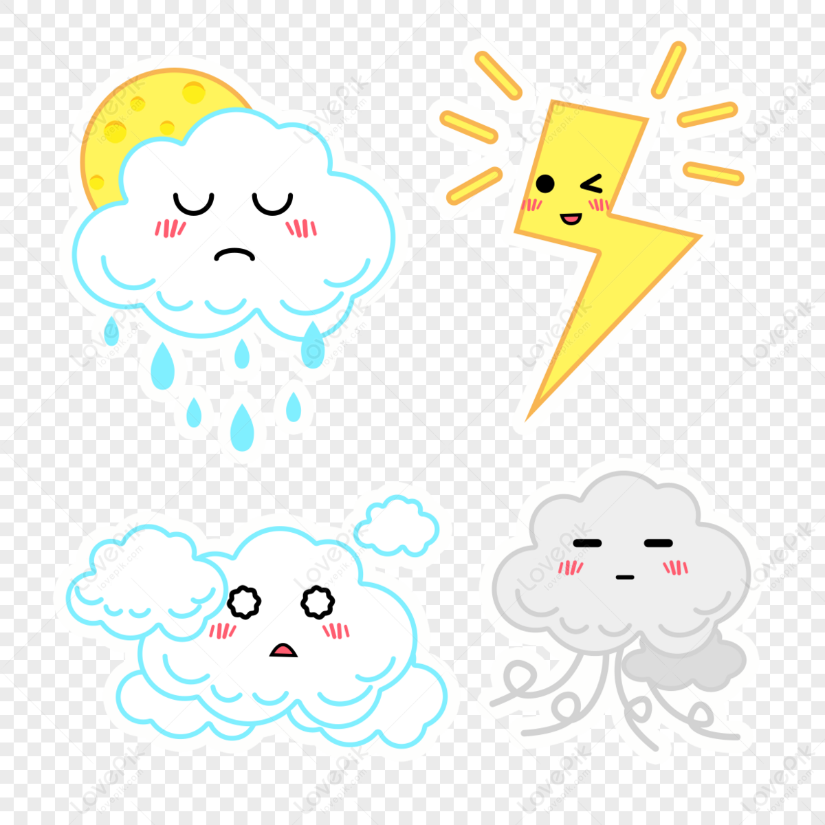 Cartoon White Cute Weather Sticker,lightning,wind,white Stickers Png 