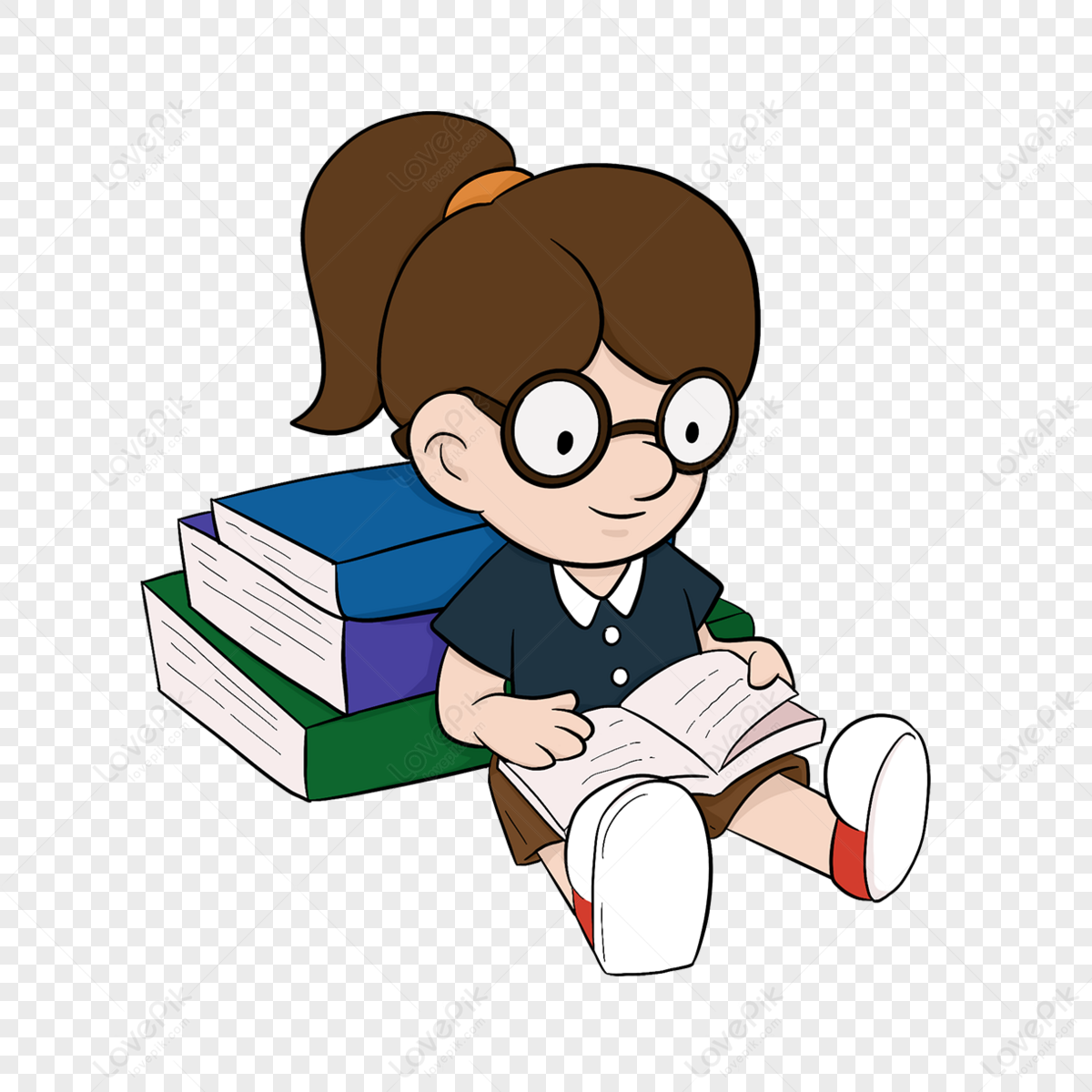 Sitting girl nerd clipart,desk,assignments,paper png white transparent