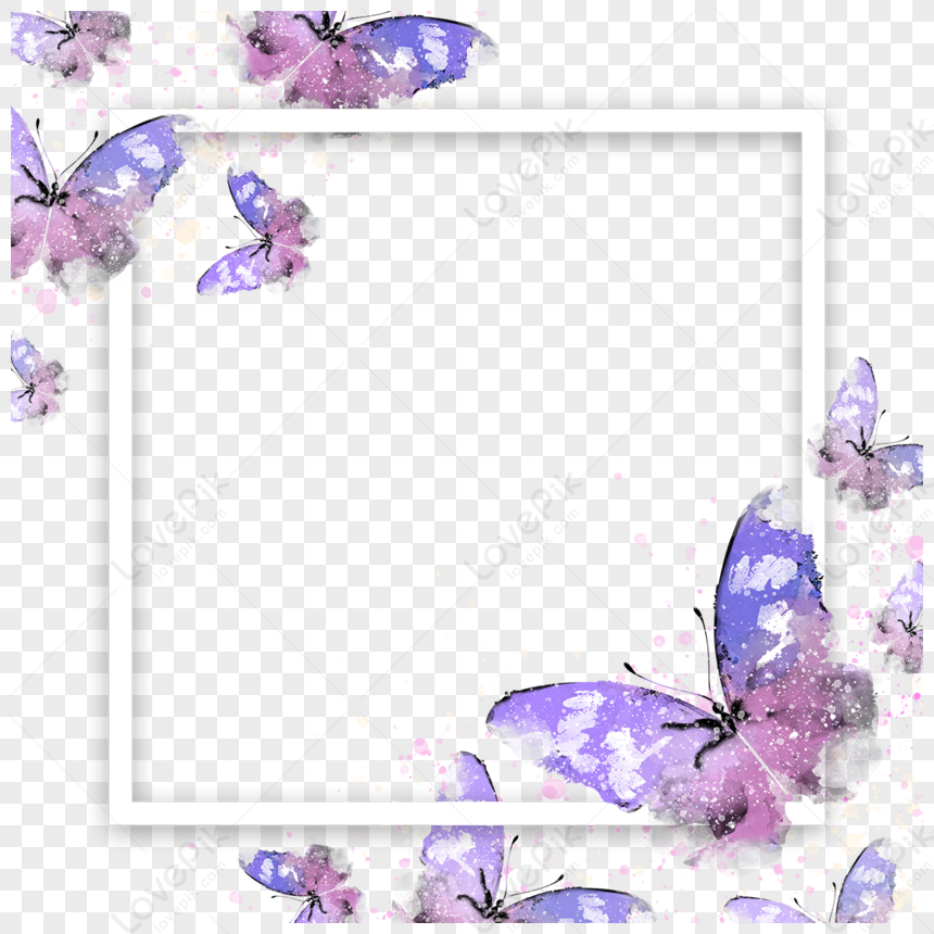 Watercolor Purple Butterfly Square Border,pastel,illustration,botanical ...