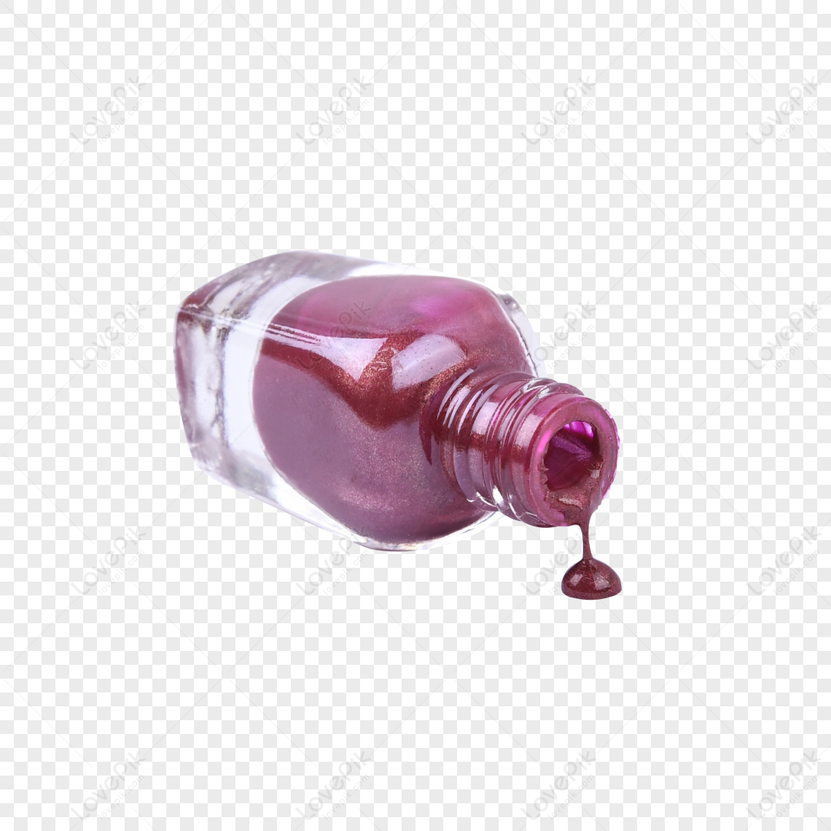 Red nail enamel leaking out of tipped bottles stock photo - OFFSET