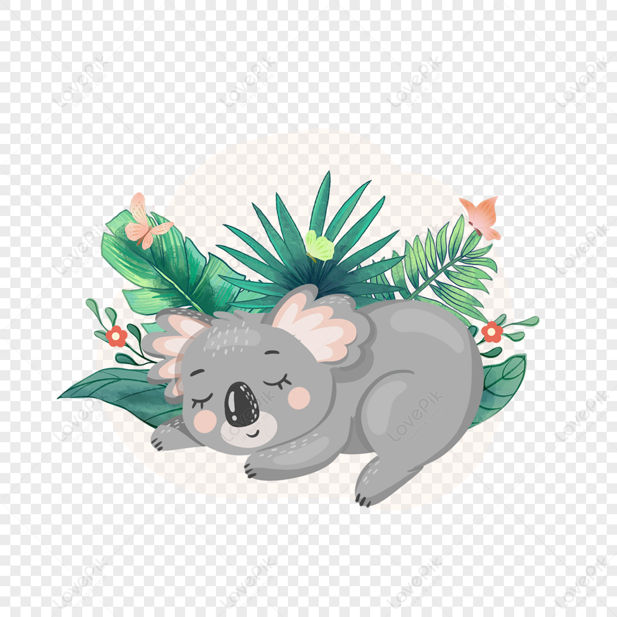 Koala sleeping summer animal clipart,tropical plants,sleeping animals,butterfly png free download