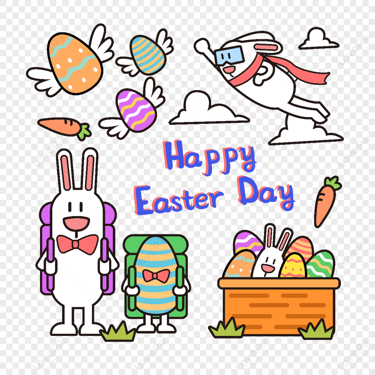Easter bunny and eggs go on a trip,rabbit,wings png transparent background