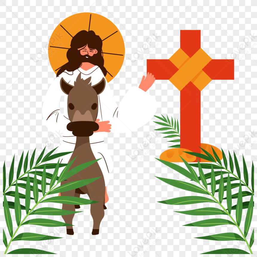 Jesus And The Cross On A Donkey On Palm Sunday,palm Leaves,flat PNG ...