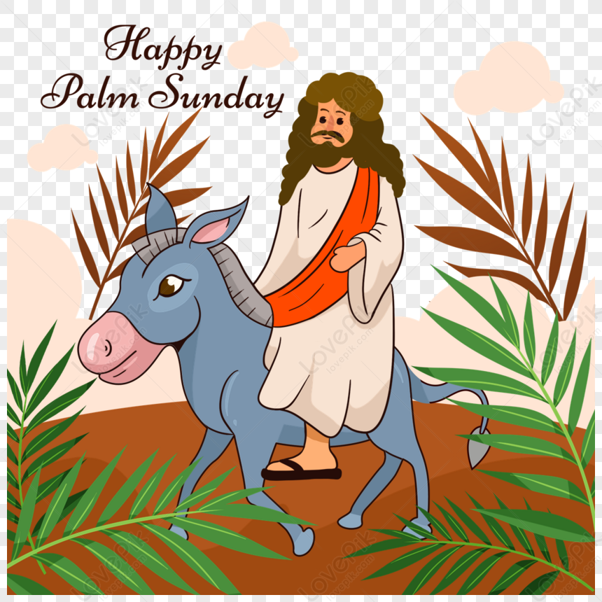 Jesus Riding A Blue Donkey On Palm Sunday,palm Leaves,style PNG ...