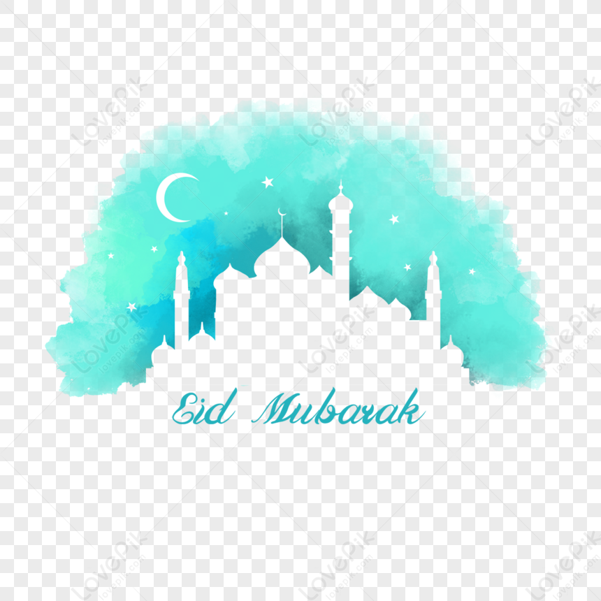 수채화 일러스트 금가루 얼룩 Eid 무바라크 블루 중공 건물,카드,빌다 PNG 일러스트 무료 다운로드 - Lovepik