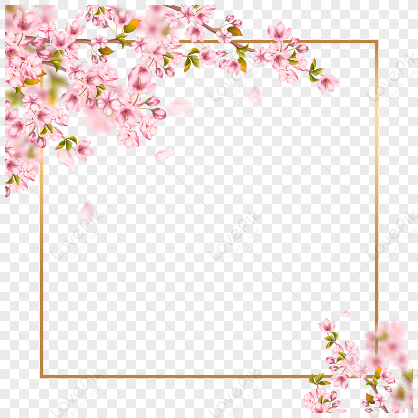 Spring Pink Cherry Blossom Leaves Border,labels,invitation PNG Image ...