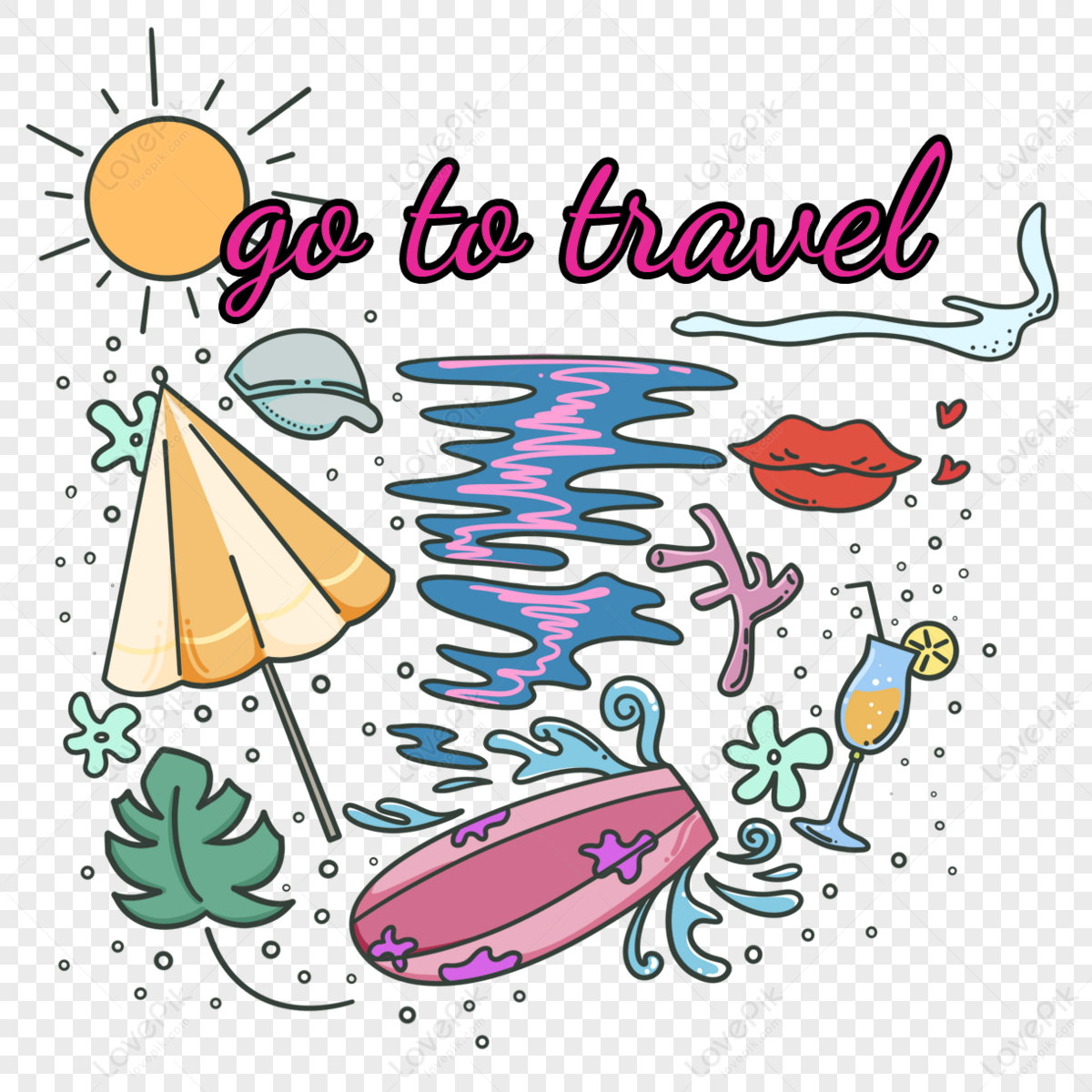 Vacation bright travel tourism combination sea surface,hand draw,rich png transparent background