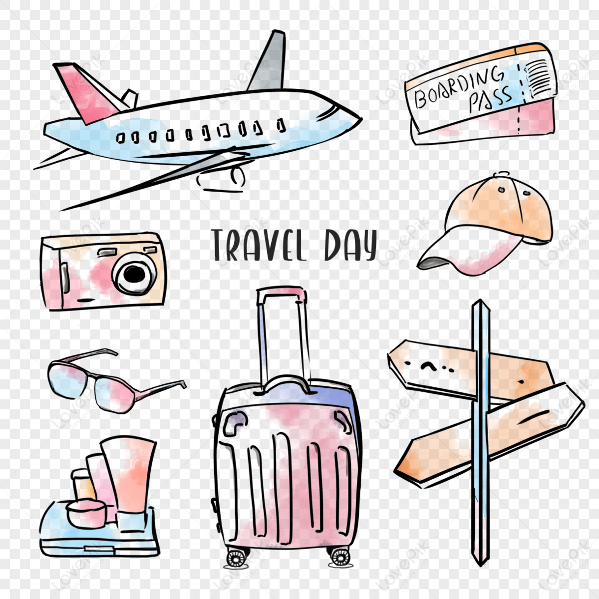 Watercolor travel aircraft suitcase sign,hand drawing,hand draw,indicator png image