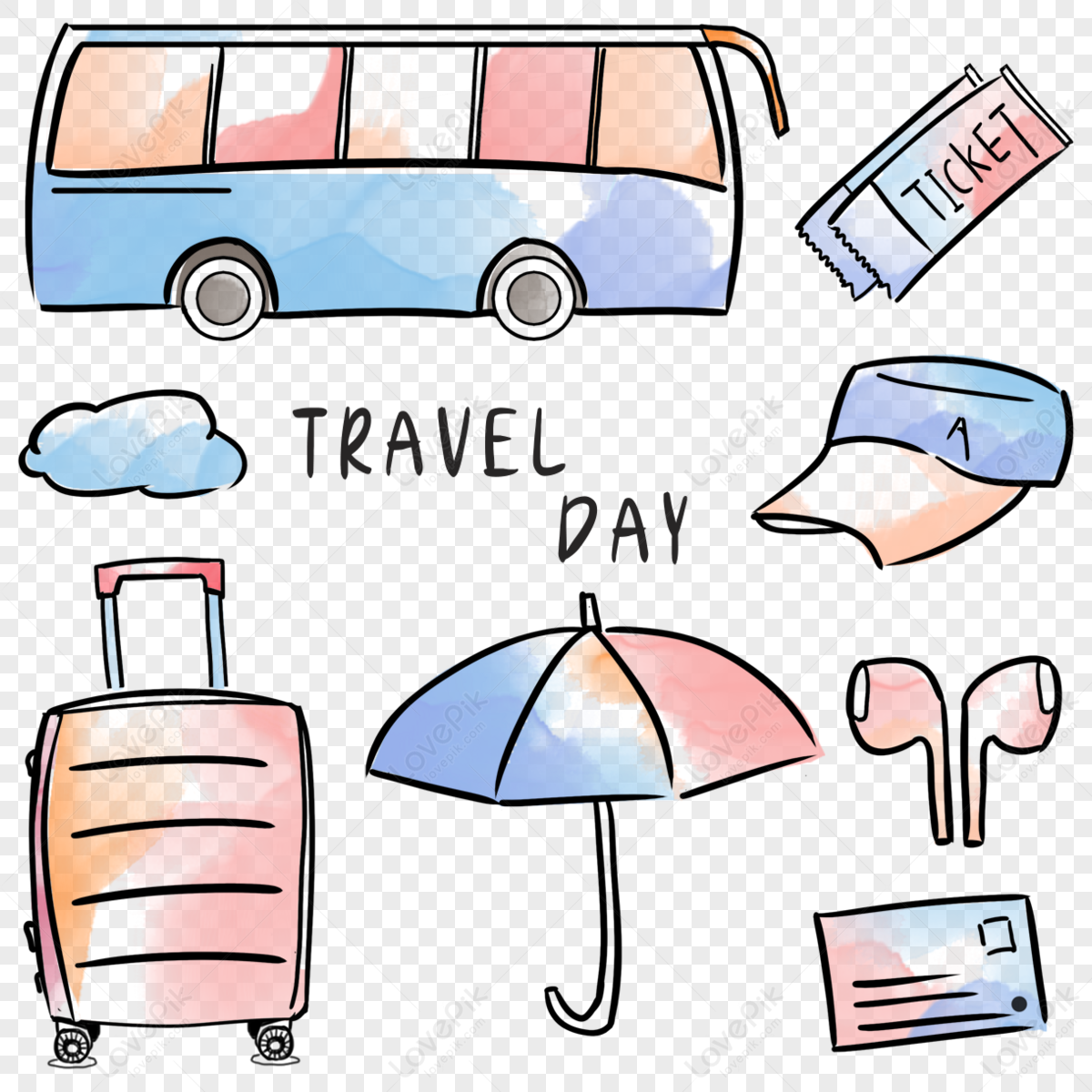 Watercolor travel bus luggage rain umbrella,worldwide,transportation free png