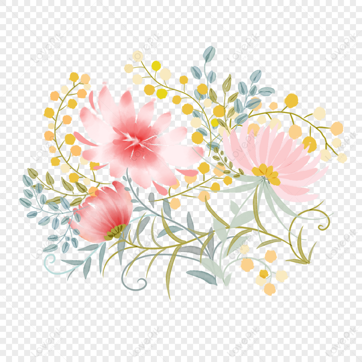 A Clustered Pink Watercolor Flower,yellow,bloom,flower Clusters PNG ...