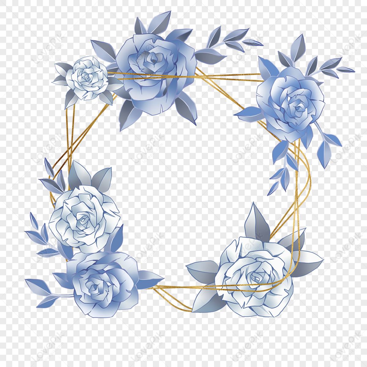 Blue Rose Blue Gold Flower Floral Border,rose Flowers,gold Flowers PNG ...