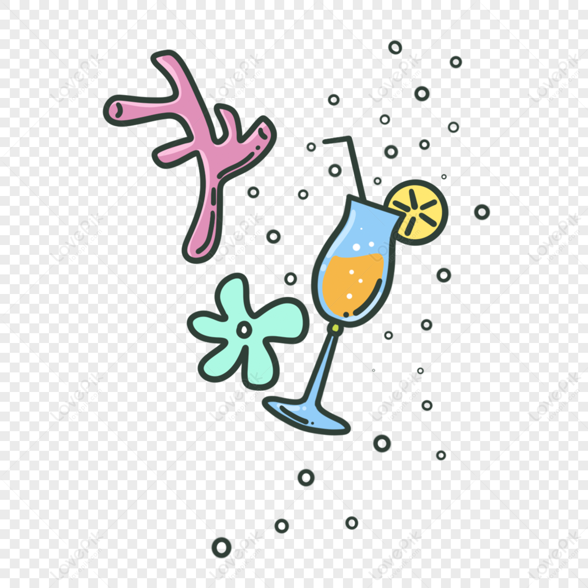 Cartoon hand drawn global travel drink sign,leaf,tulips png image free download