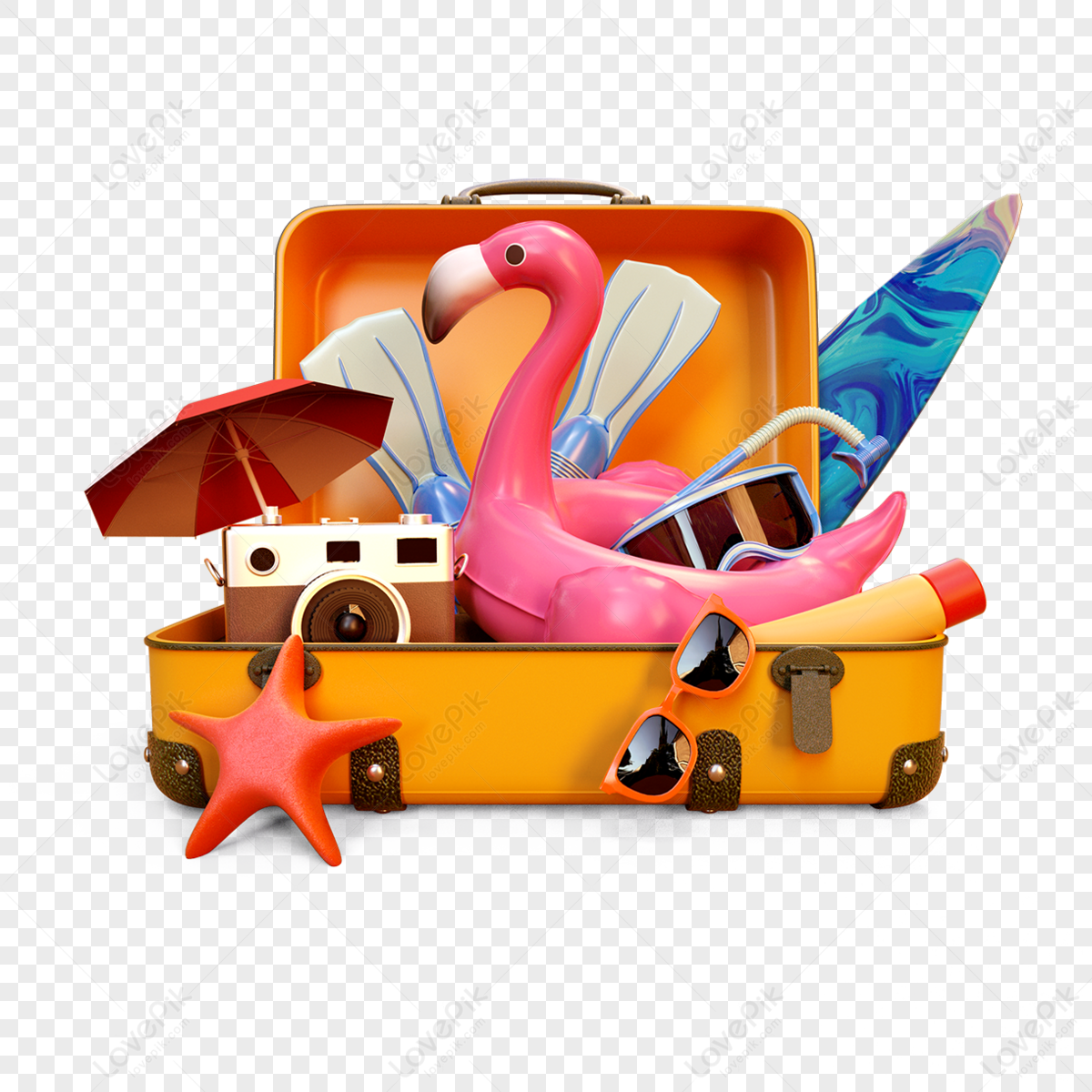 Luggage box filled with summer travel items,stereoscopic,beach png image