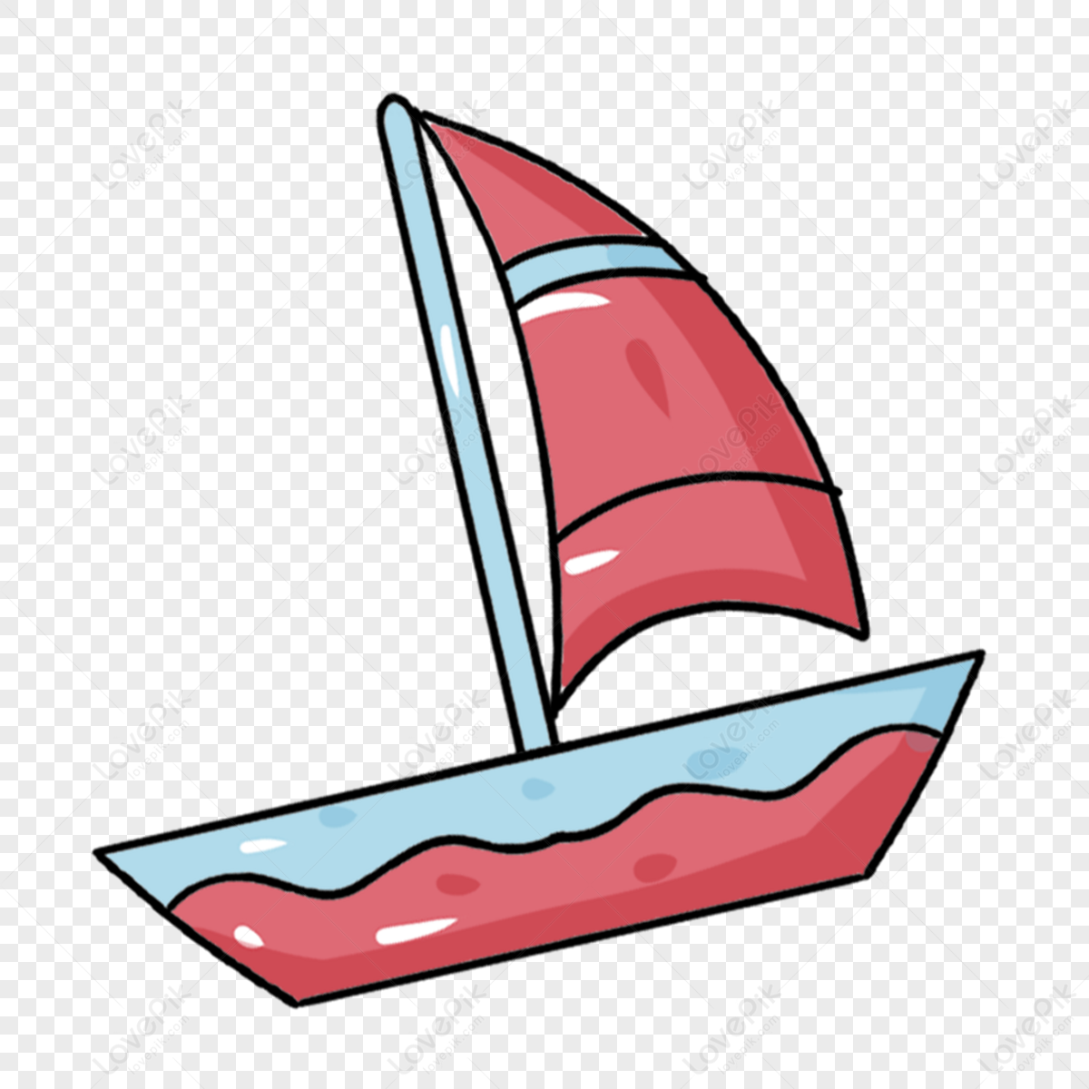 Red hand drawn cartoon sailboat,hand drawing,doodle,blue png image
