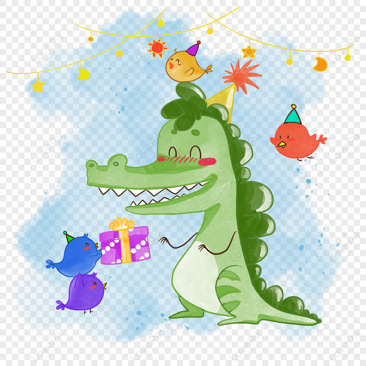 Watercolor cartoon animal crocodile with bird animals pass birthday,anime,gift png image free download