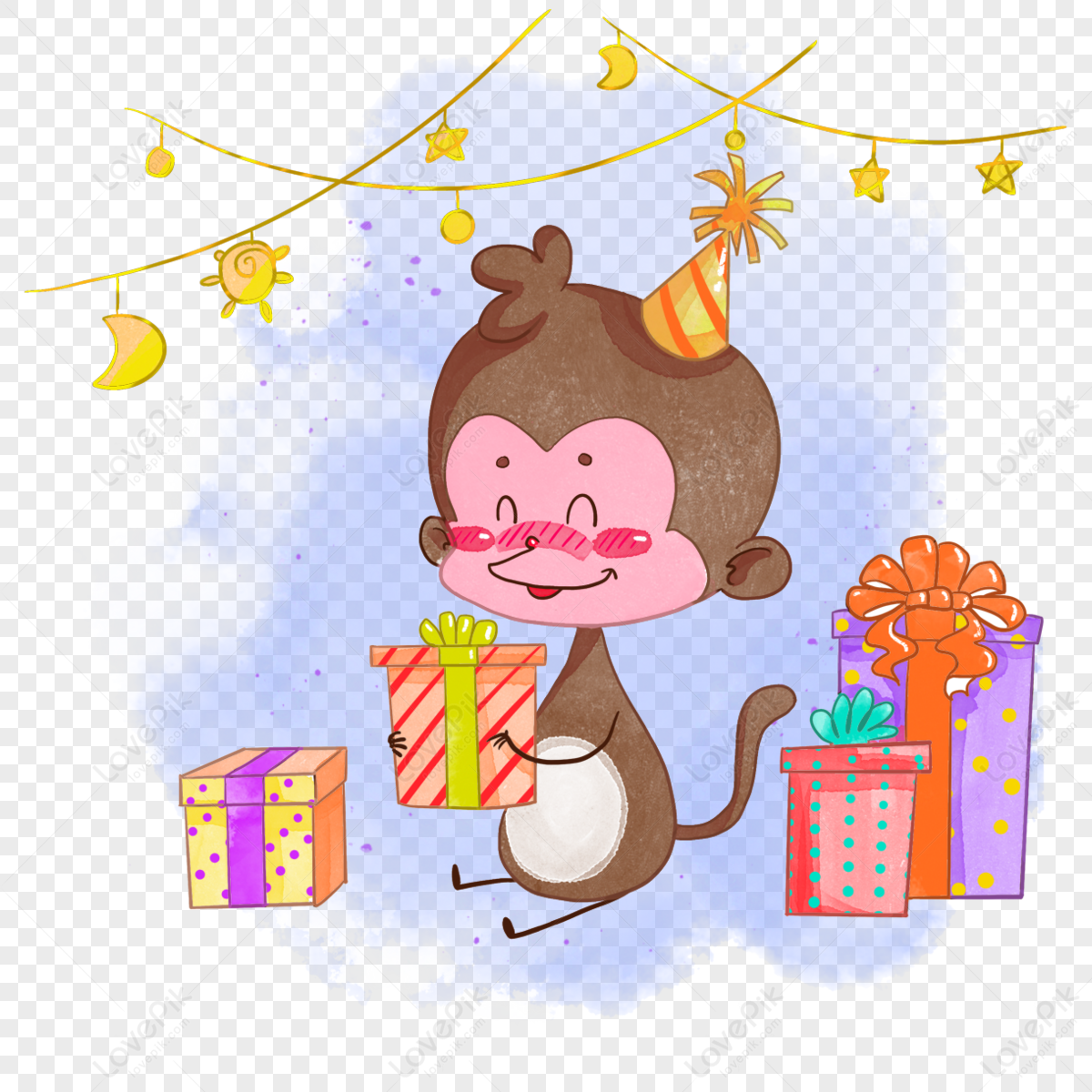 Watercolor cartoon animal monkey passing day,gift box,lantern png image free download