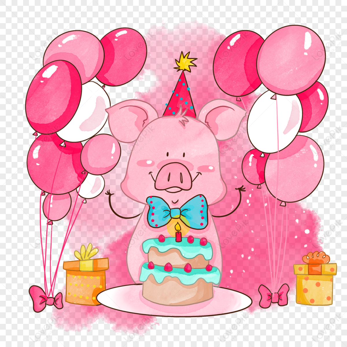 Watercolor cartoon animal pig,balloon,child,cute png transparent background