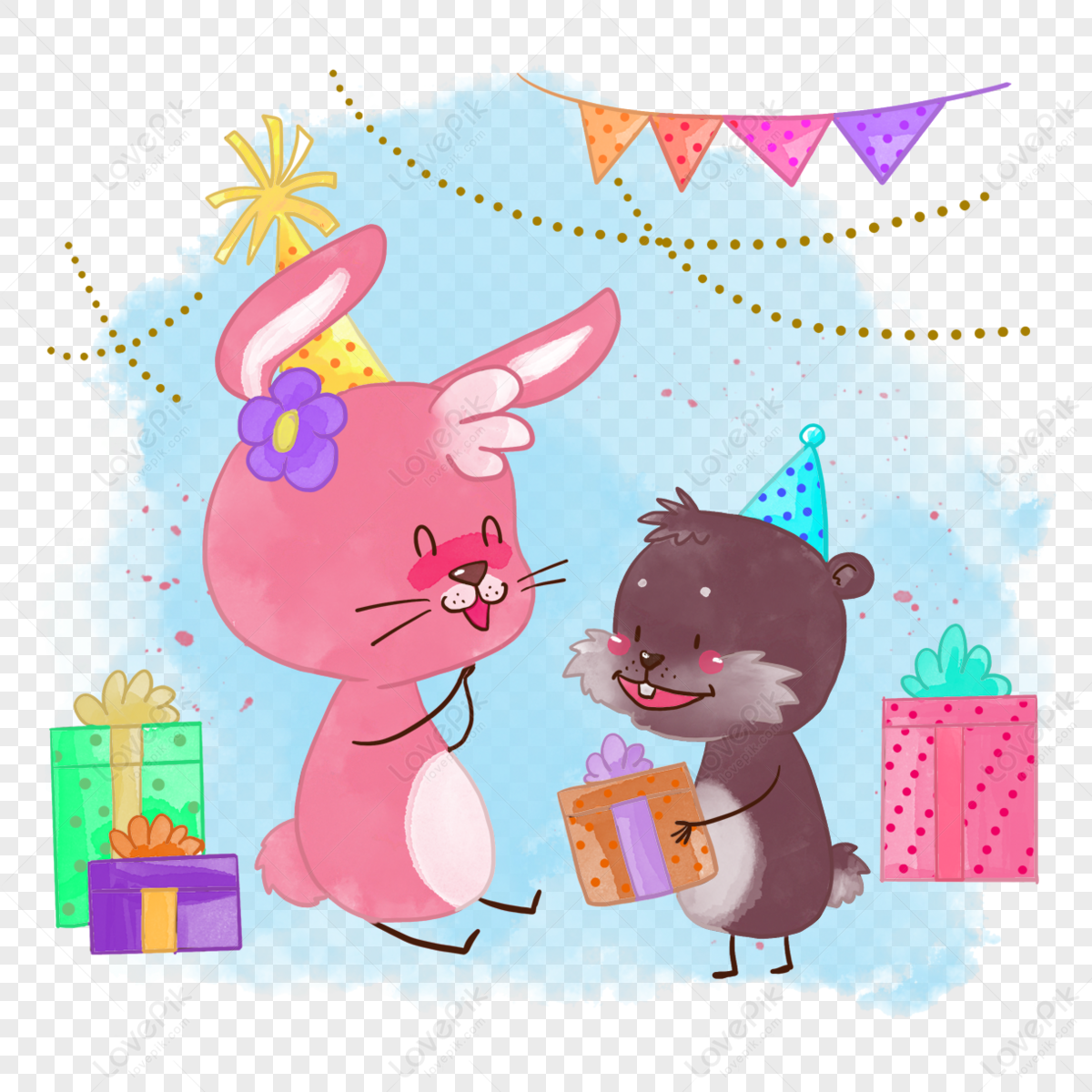 Watercolor cartoon animal rabbit guinea pig birthday,adorable,happy free png