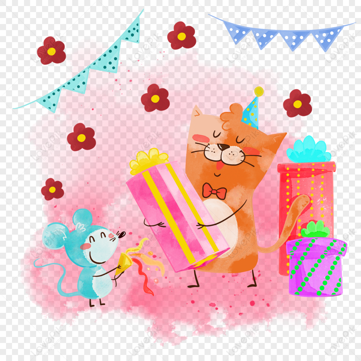 Watercolor cartoon cats and mouse animals pass birthday,celebrate,blooming png transparent image