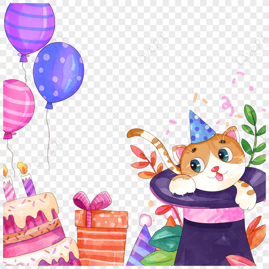 Festa Di Compleanno Per Il Compleanno Per Animali Del Gatto  Dellacquerello,saluti PSD Immagine Gratis, Grafica download su Lovepik