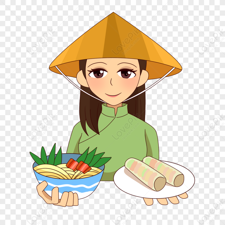 Cartoon Cute Vietnamese Girl Wearing Ao Dai Holding Spring Rolls And ...