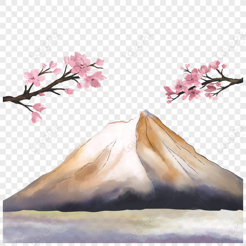 富士山桜水彩,水彩桜,風景 イラスト， 山, 桜の花, 水彩画 フリー素材