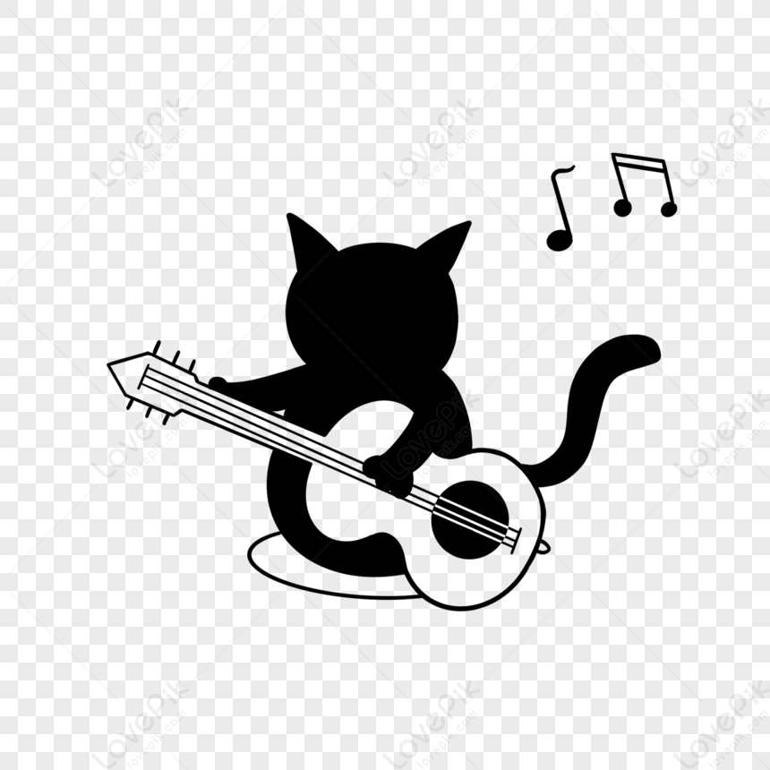 Photo de Chat Noir Et Blanc De Musique Jouant De La Guitare