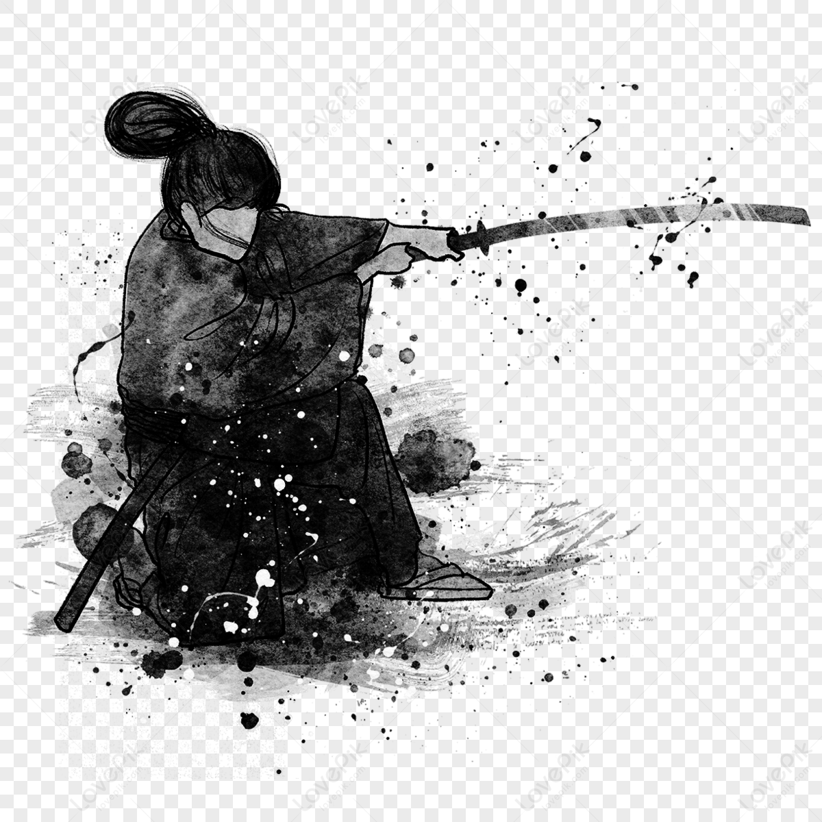 Japanese Samurai In Squatting Pose Wielding A Sword Ink Style,ink ...