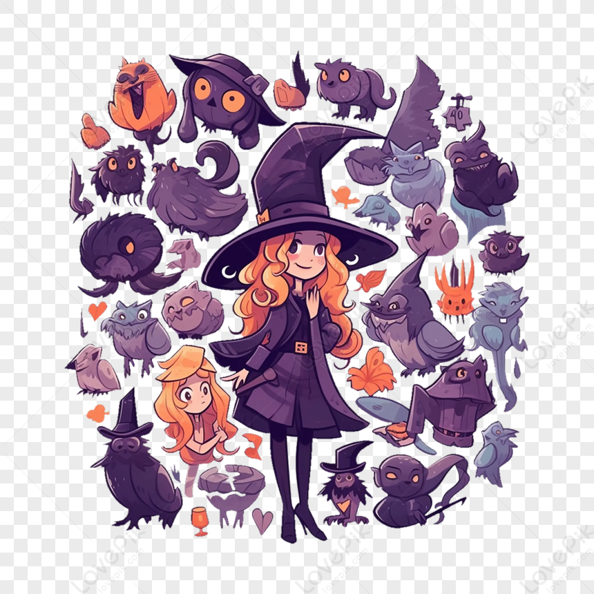 ハロウィン 魔女 紫 イラスト,架空の人物,かわいい イラスト， 美術, ウィザード, ステッカー フリー素材 透過 - Lovepik