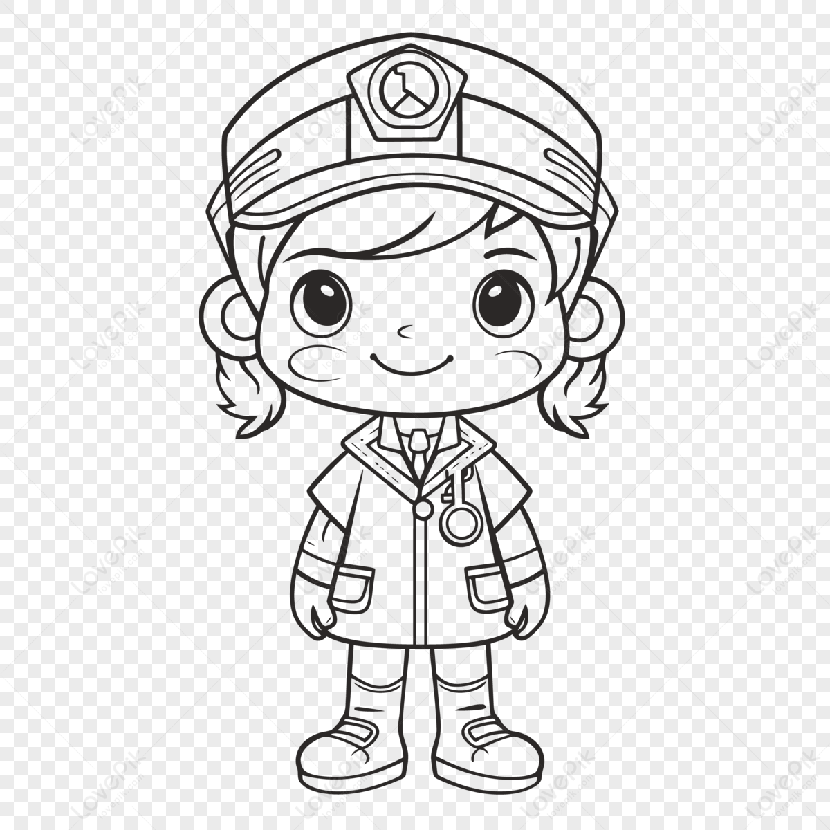 Cute Cartoon Police Woman Coloring Page Outline Sketch Drawing Vector ...