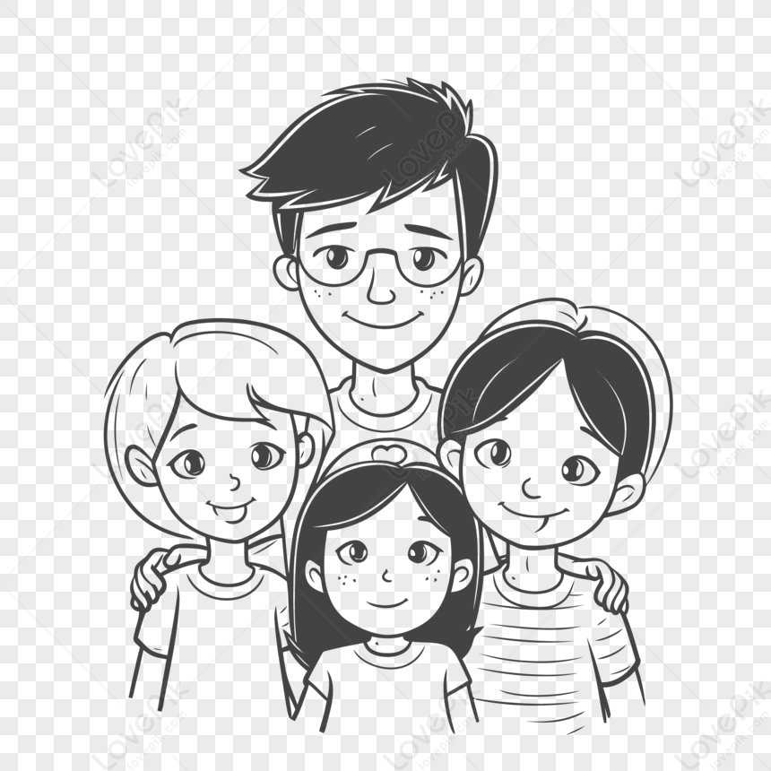 Portrait Of A Dad And Three Kids Outline Sketch Drawing Vector PNG ...