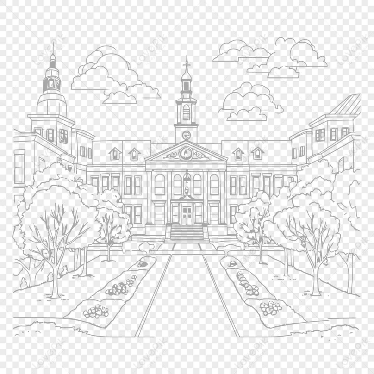 University Building And Trees Coloring Pages Outline Sketch Drawing 