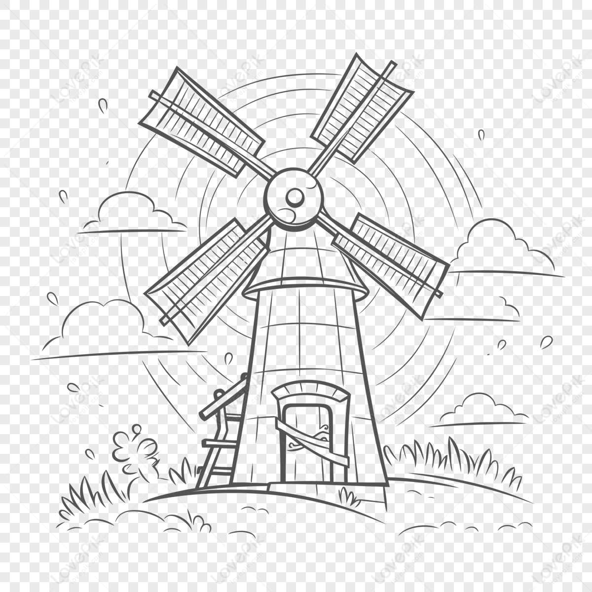 Wind Windmill Coloring Page Outline Sketch Drawing Vector,easy Windmill ...