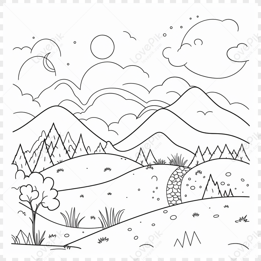 Black And White Coloring Page Of Mountains,natural Environment,twig PNG