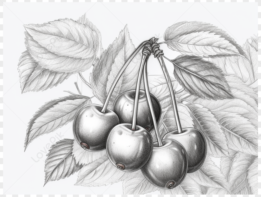 Photo de Dessin Noir Et Blanc De Cerises Contre Les Feuilles noir