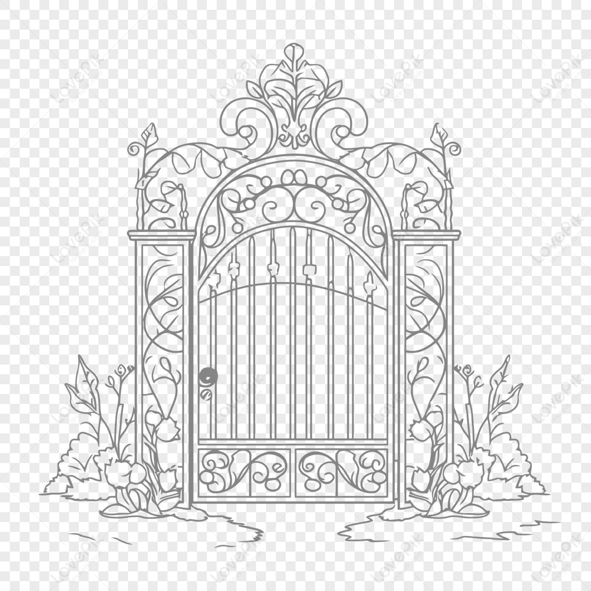 Blackandwhite Illustration Of An Ornamental Gate Outline Sketch Drawing ...