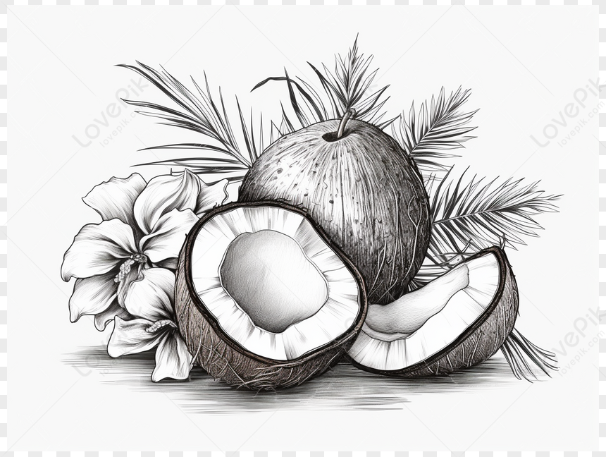 Hand Carved Hand Drawn Fresh,carvings,line Art Coconut PNG Picture And ...