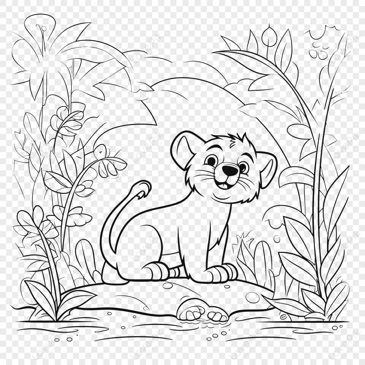 Lion Cub Sitting In The Green Jungle Coloring Page Outline Sketch ...