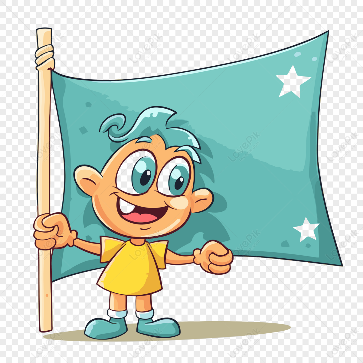 Banner Clipart Cartoon Young Boy With Blue Hair Holding Flag And Star ...