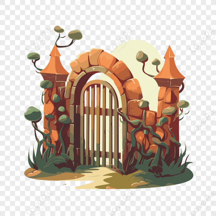 Gate Clipart An Illustration Of An Animated Stone Gate With Bushes ...