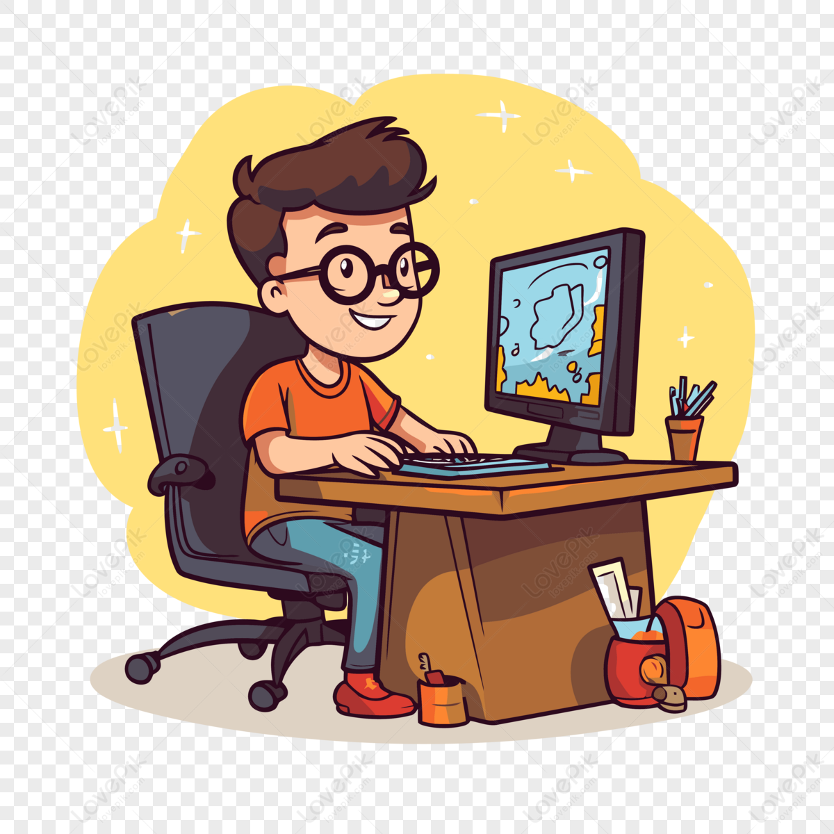 Student On Computer Vector,sticker,cartoon PNG Free Download And ...