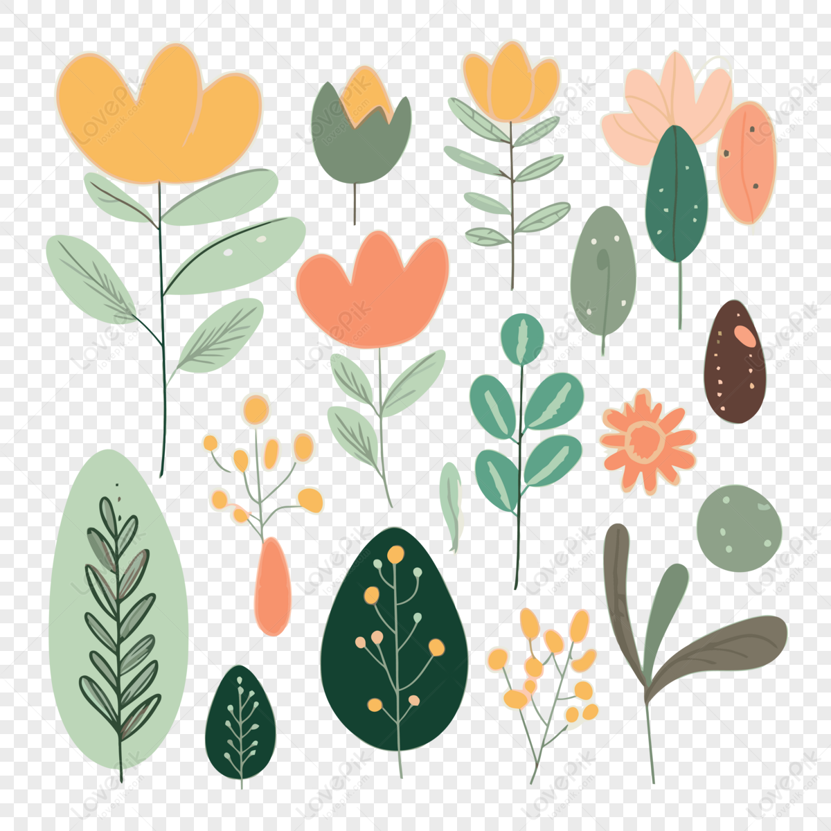 Botanical Clipart Various Leaves And Flowers In A Soft Colors Cartoon ...