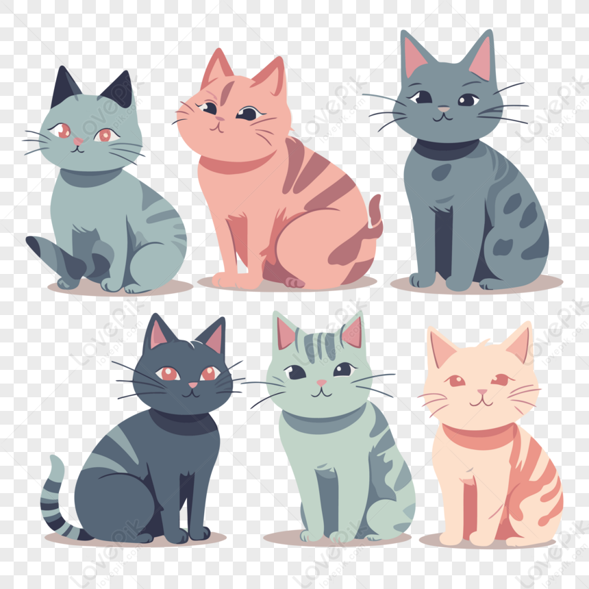 Cat Clipart ชุดแมวหลากสีพร้อมการ์ตูนสีต่างๆ เวกเตอร์ PNG สำหรับการดาวน์ ...