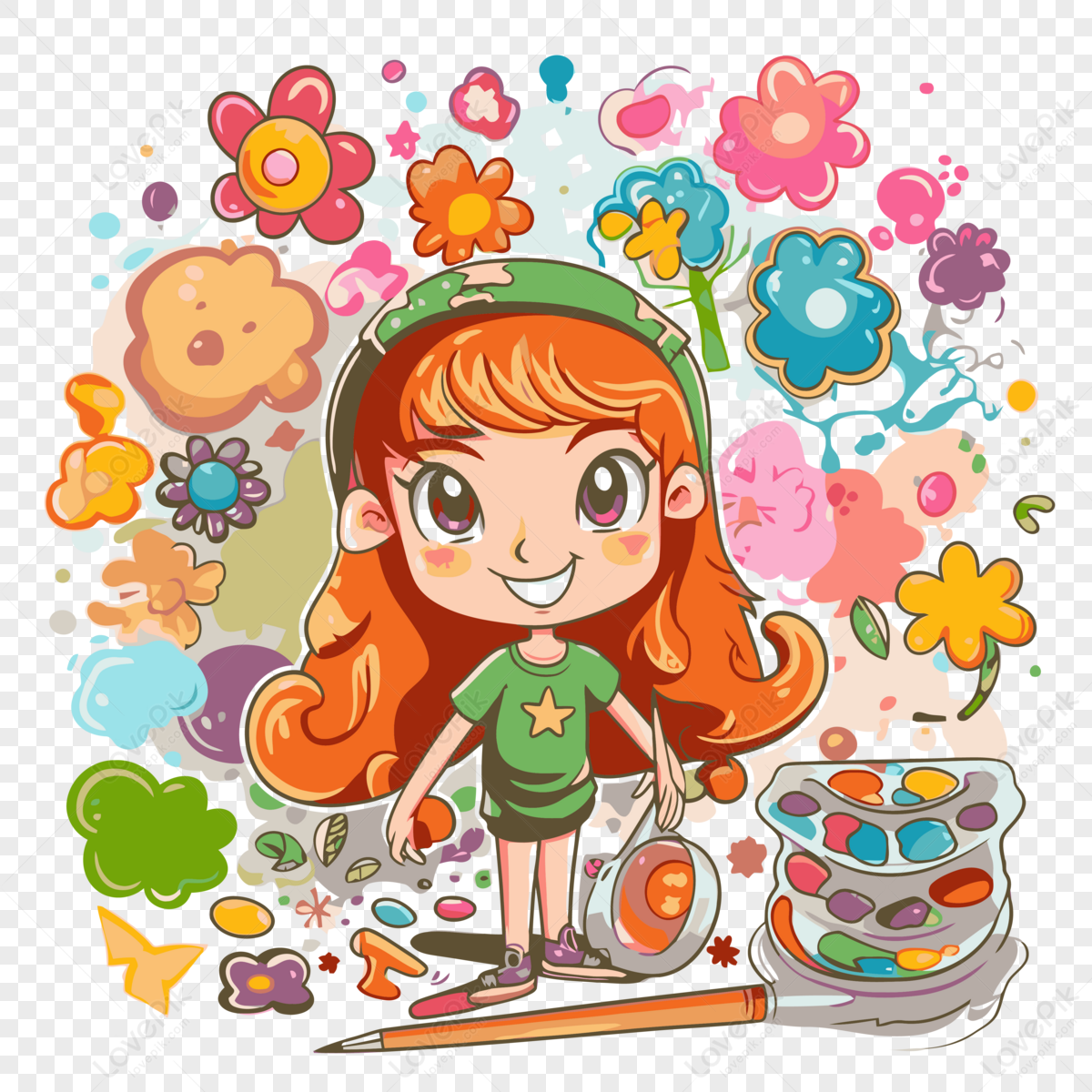 Base Clipart Cartoon Girl With Many Flowers Vector,bases,girls PNG ...