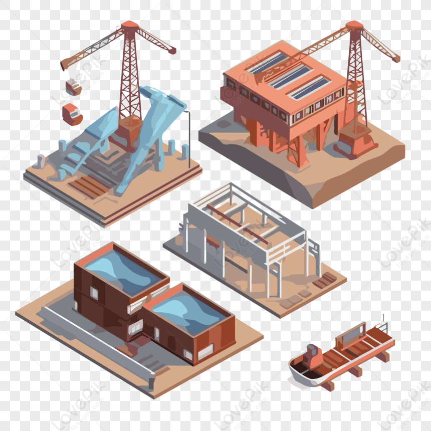 Bim Clipart Set Of Isometric Construction Of Two Boats And Cranes ...