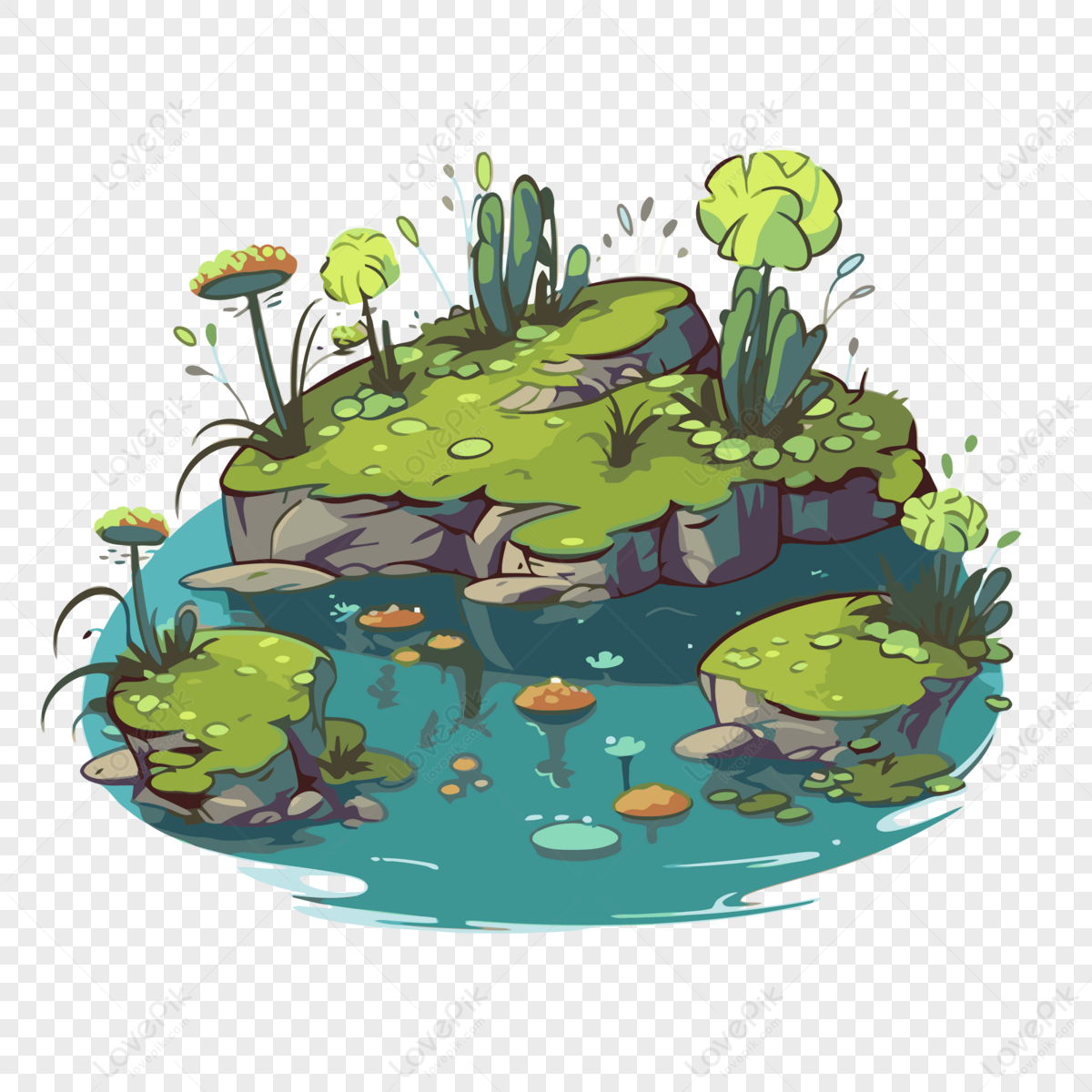 Bog Clipart Cartoon Island With A Stone And Pond Vector,illustration ...